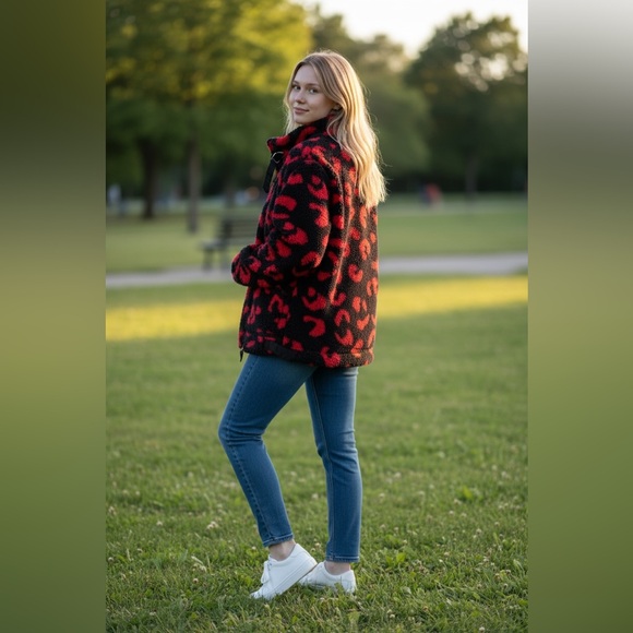 Dkny Jackets & Blazers - DKNY Black and Red Patterned Sherpa Jacket size Large
